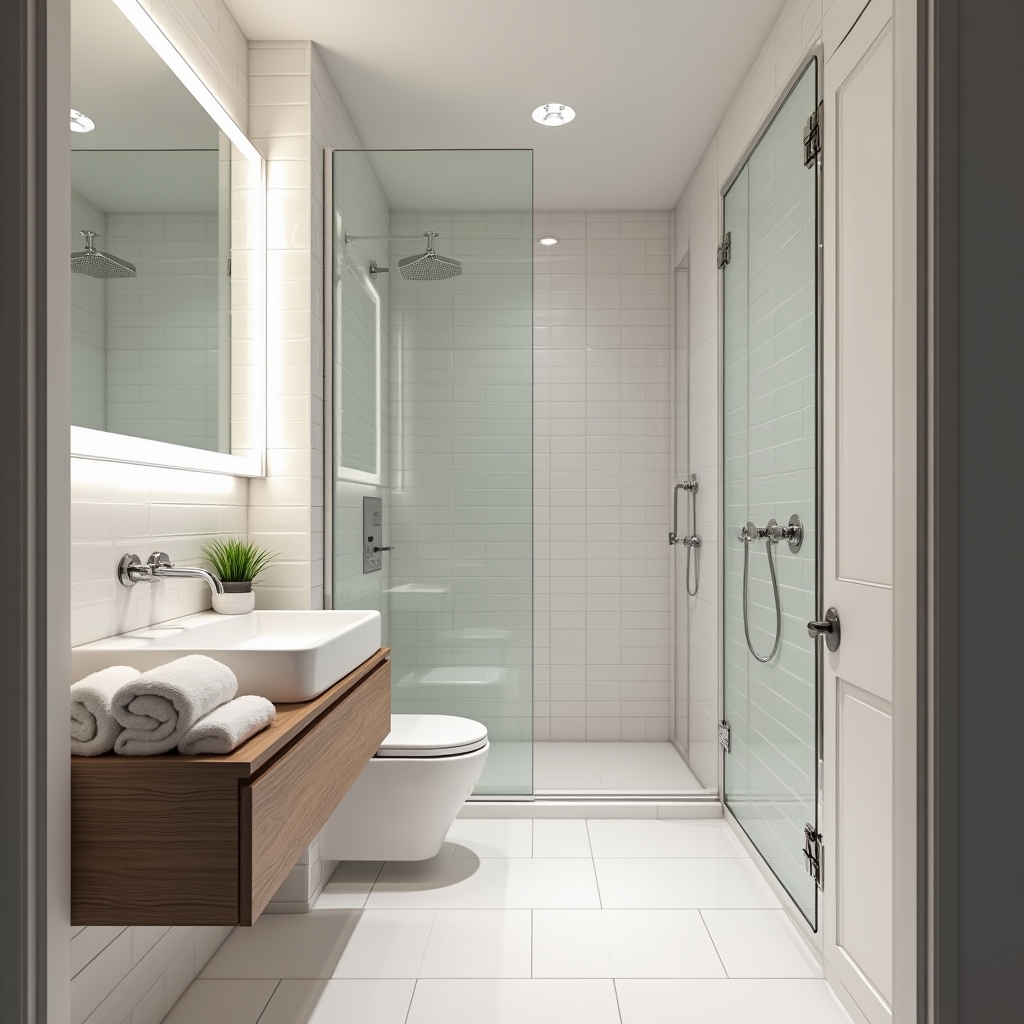 Apartment bathroom with professional lighting setup showing clean modern finishes