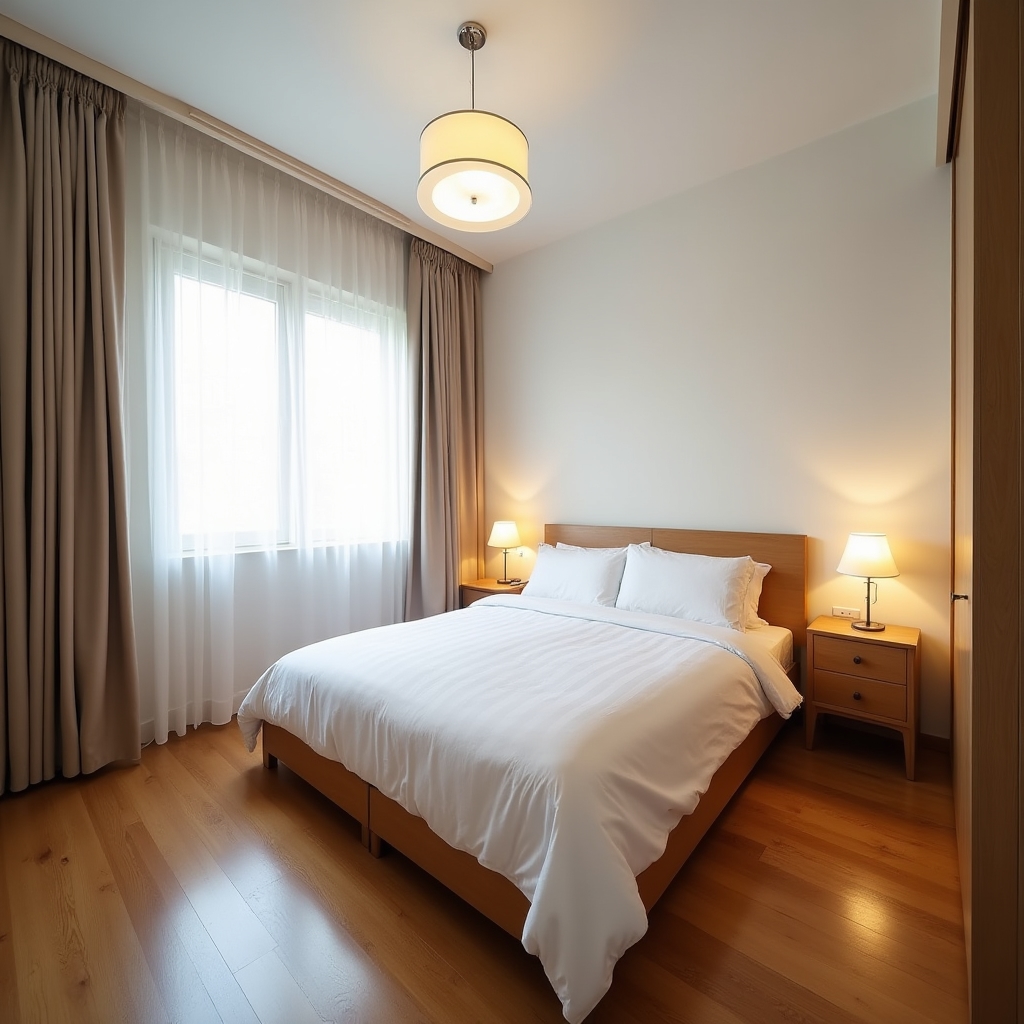 Apartment bedroom photographed with wide-angle lens showing full room proportions