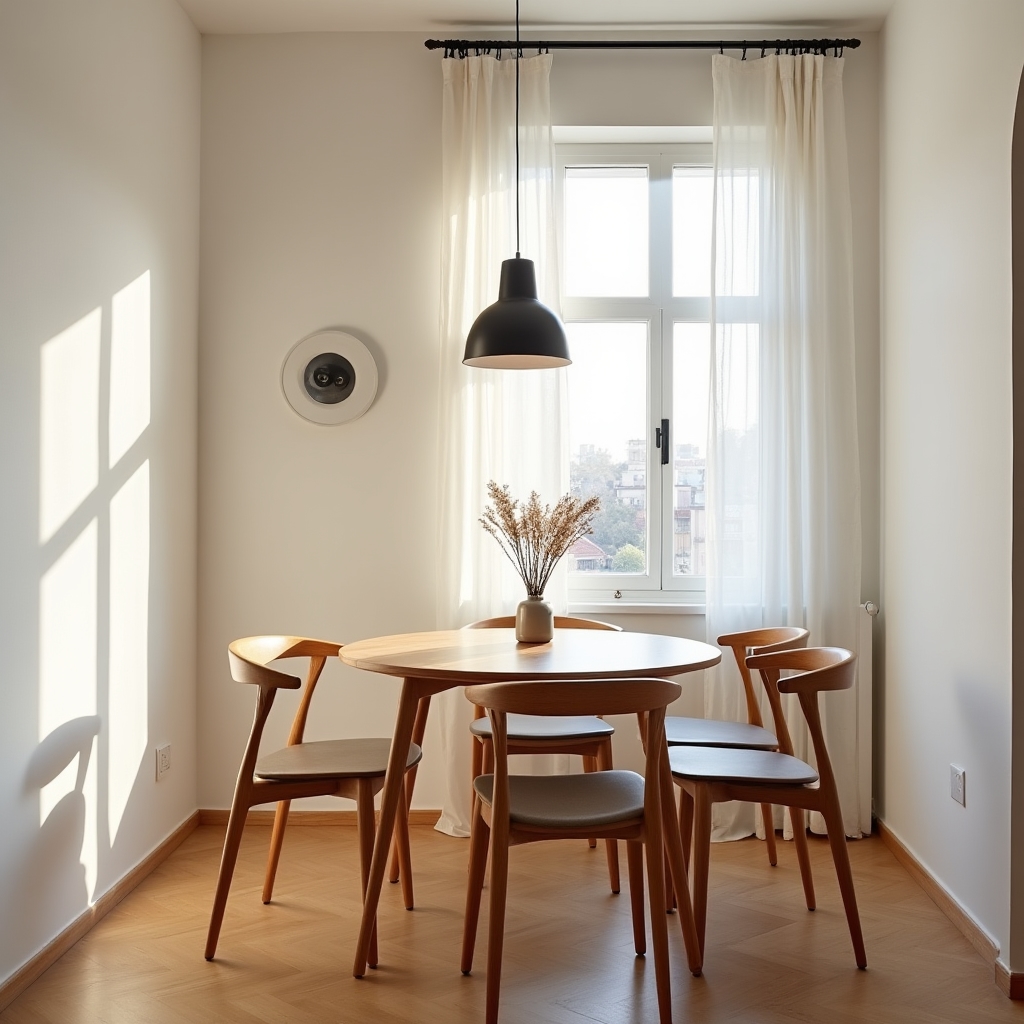 Bright apartment dining area with modern furniture photographed with professional wide-angle lens showing natural proportions and warm afternoon light