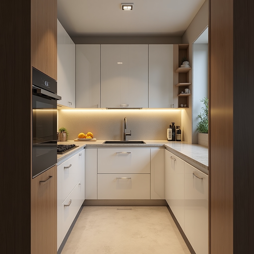 Modern apartment kitchen photographed with professional lighting and calibrated wide-angle lens