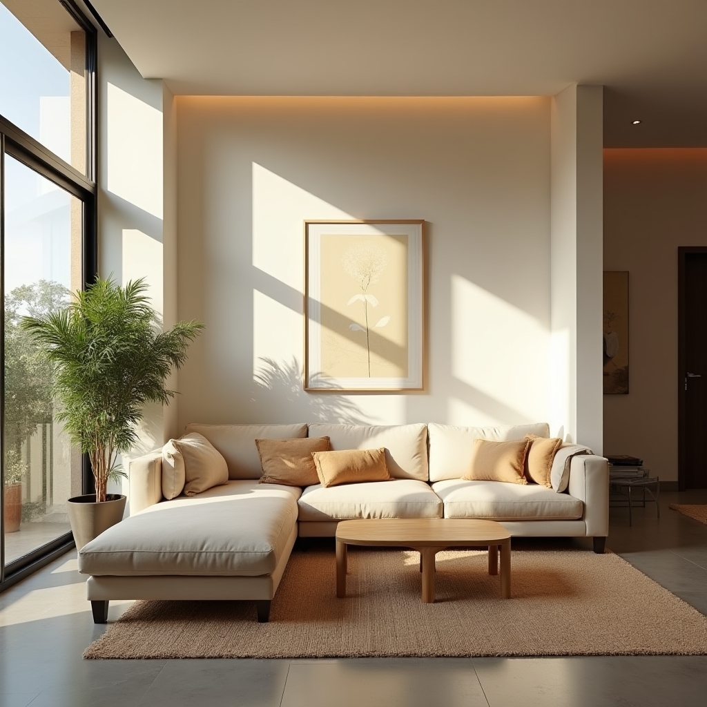 Professionally photographed apartment living room with wide-angle lens and professional lighting