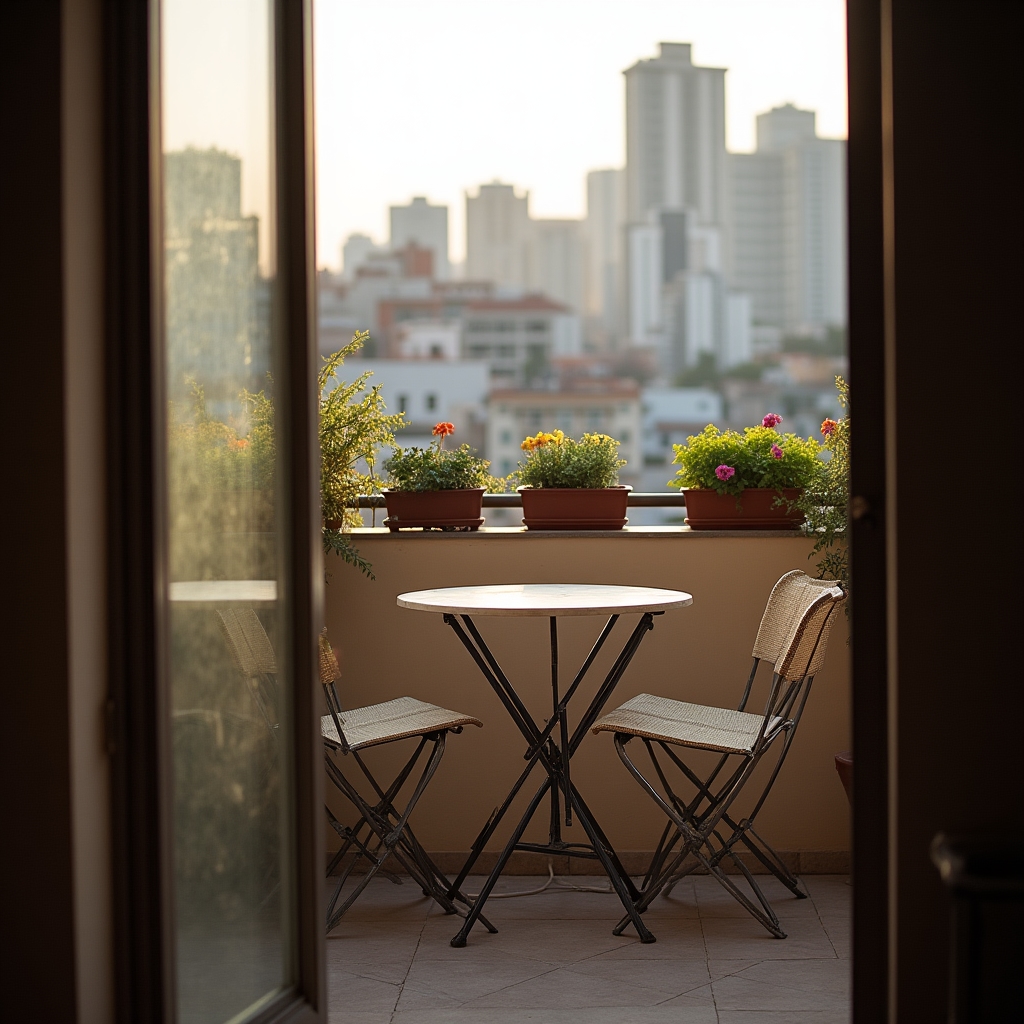 Apartment terrace or balcony with city view photographed in natural and supplemental light