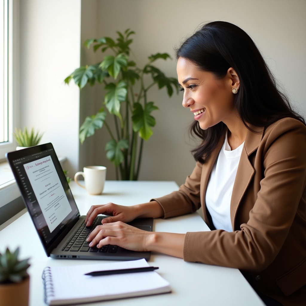 Person reviewing apartment photography booking confirmation on laptop in a bright home office setting