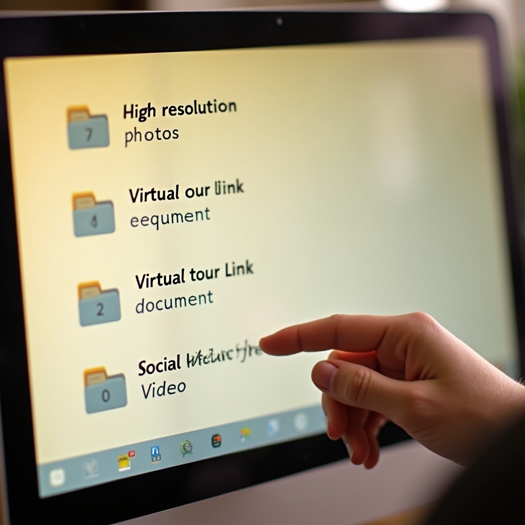 Clean organized file folder on computer screen showing real estate photography deliverables including photos virtual tour link and social media video ready for download