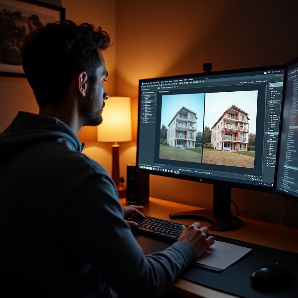Photo editor working on real estate apartment images in professional editing software on a large monitor showing before and after color correction
