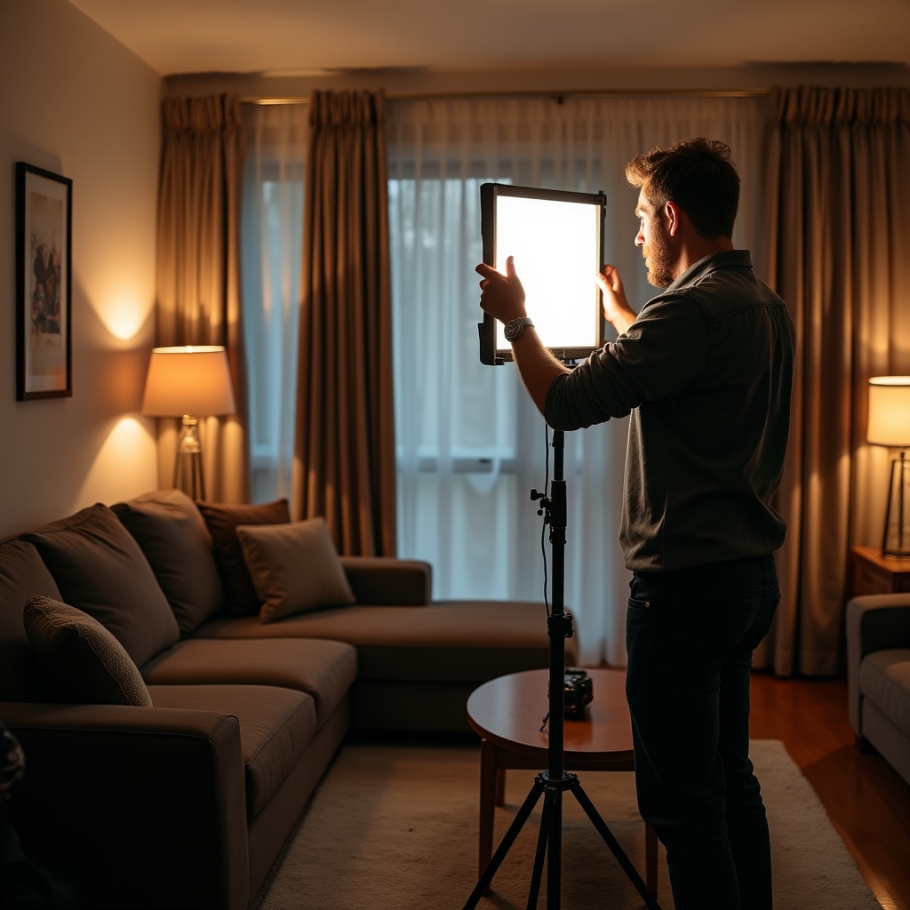 Professional photographer adjusting portable LED lighting panel in a furnished apartment living room during a real estate photography session