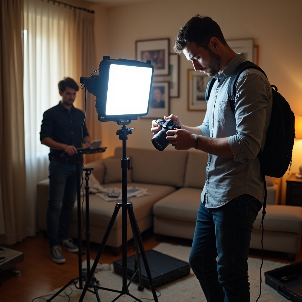 Professional photographer setting up portable lighting equipment in an apartment