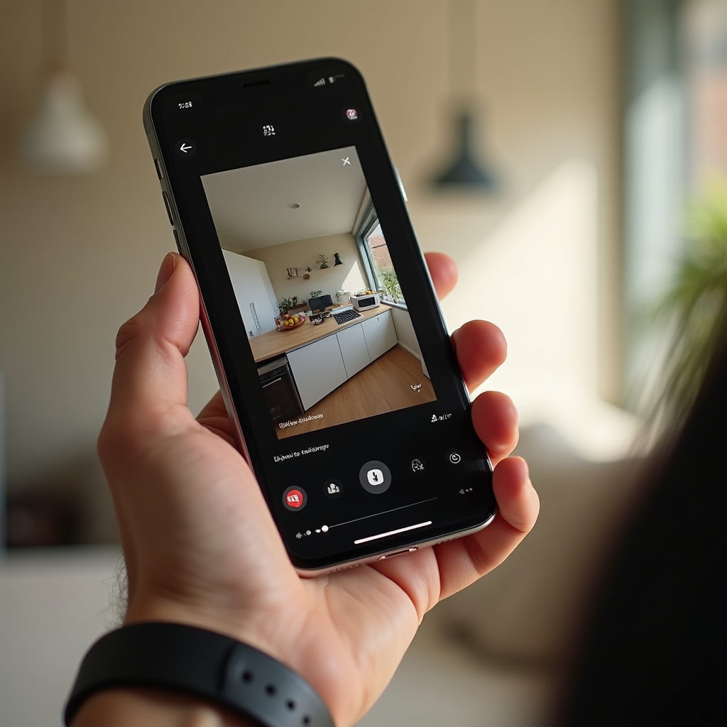 Smartphone screen showing a vertical format real estate video reel of a Santiago apartment on a social media platform with play button visible