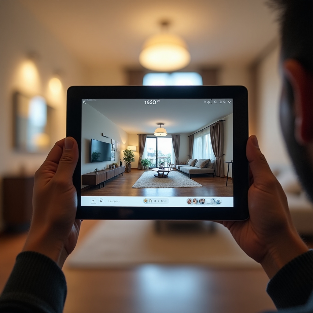 360 degree virtual tour interface shown on tablet screen displaying an interactive panoramic view of a modern apartment interior with navigation hotspots visible