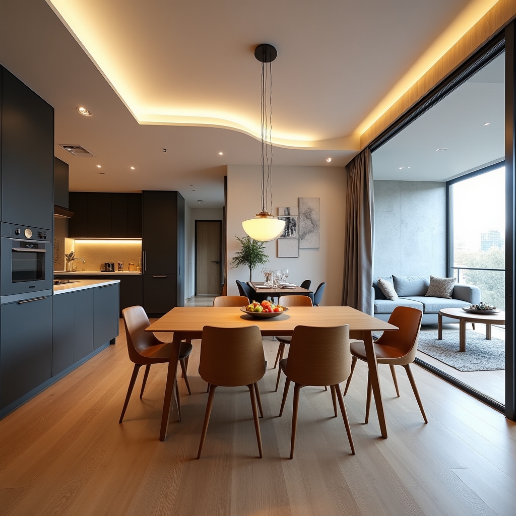Stunning wide-angle real estate photograph of a modern Santiago apartment living room showing accurate proportions natural light and professional color grading